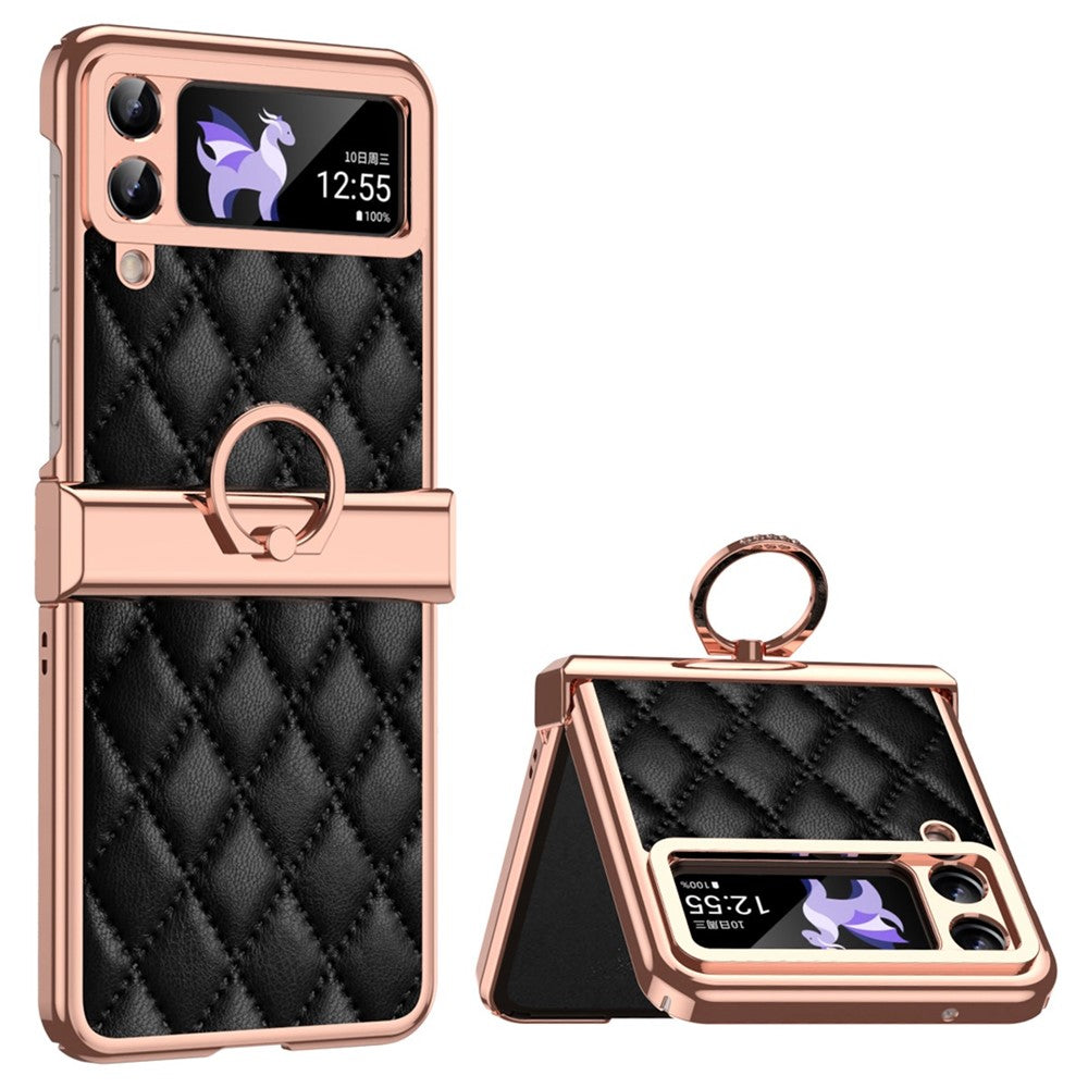 For Samsung Galaxy Z Flip3 5G Ring Kickstand Electroplating PU Leather Coated PC Case Imprinted Rhombus Grid Pattern Folding Phone Cover