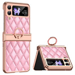 For Samsung Galaxy Z Flip3 5G Ring Kickstand Electroplating PU Leather Coated PC Case Imprinted Rhombus Grid Pattern Folding Phone Cover