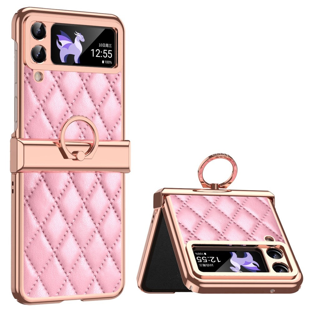 For Samsung Galaxy Z Flip3 5G Ring Kickstand Electroplating PU Leather Coated PC Case Imprinted Rhombus Grid Pattern Folding Phone Cover
