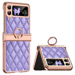 For Samsung Galaxy Z Flip3 5G Ring Kickstand Electroplating PU Leather Coated PC Case Imprinted Rhombus Grid Pattern Folding Phone Cover