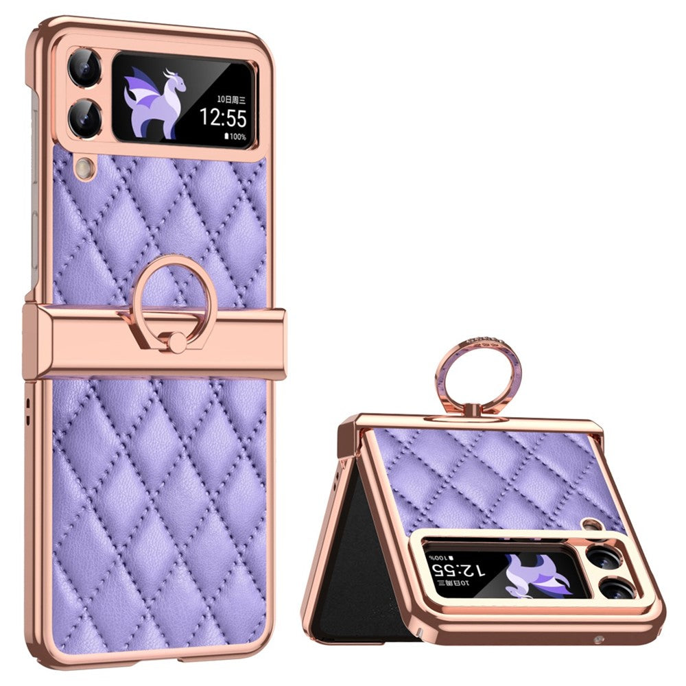 For Samsung Galaxy Z Flip3 5G Ring Kickstand Electroplating PU Leather Coated PC Case Imprinted Rhombus Grid Pattern Folding Phone Cover