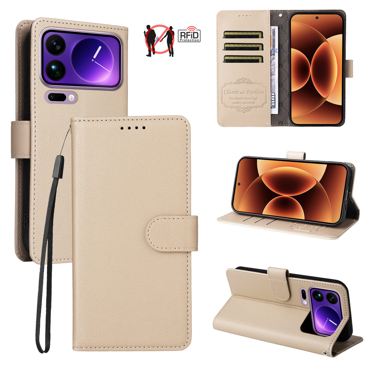 For Xiaomi 17 Pro Max Case RFID Blocking 3 Card Slots PU Leather Phone Cover with Wrist Strap