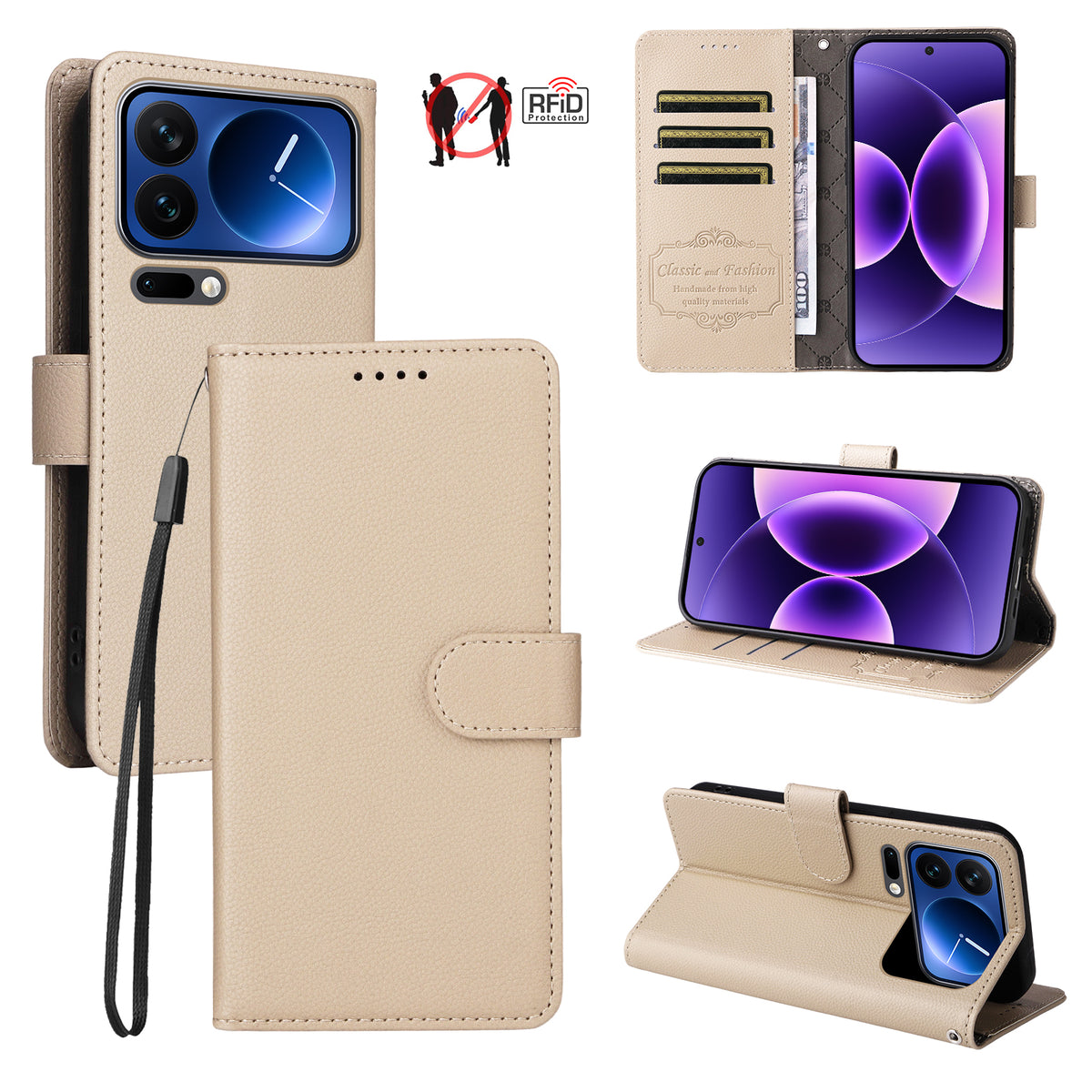 For Xiaomi 17 Pro Case RFID Blocking 3 Card Slots PU Leather Phone Cover with Wrist Strap