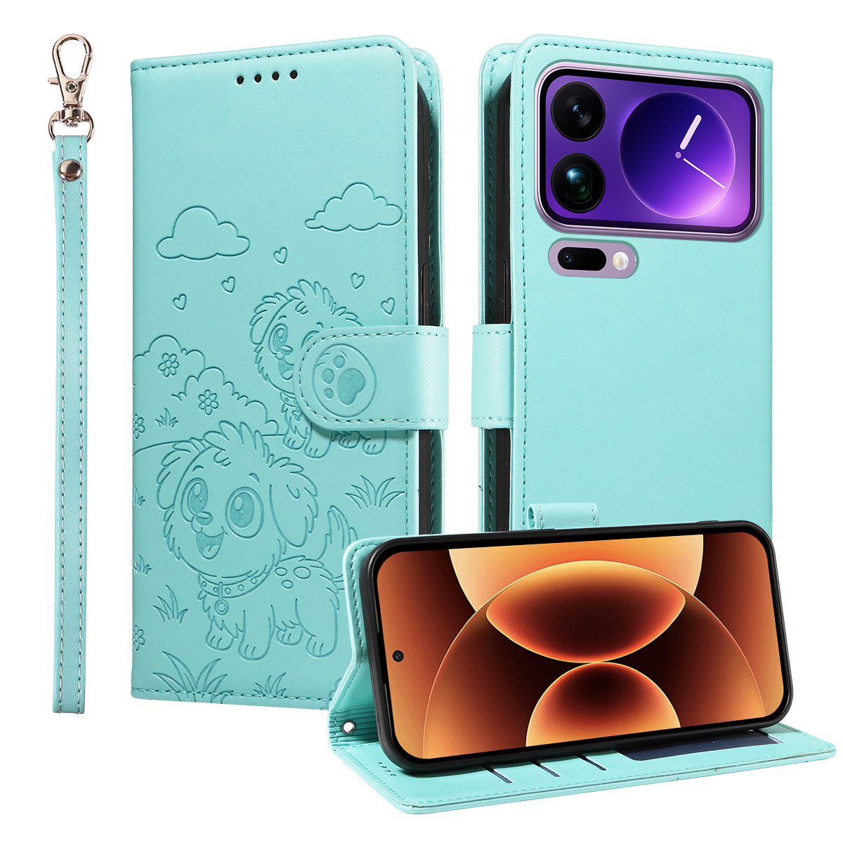 For Xiaomi 17 Pro Max Case RFID Blocking Imprinted Dog Pattern PU Leather Phone Cover with Wrist Strap