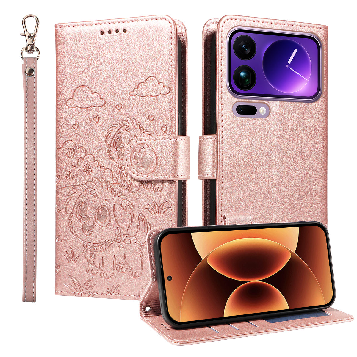 For Xiaomi 17 Pro Max Case RFID Blocking Imprinted Dog Pattern PU Leather Phone Cover with Wrist Strap
