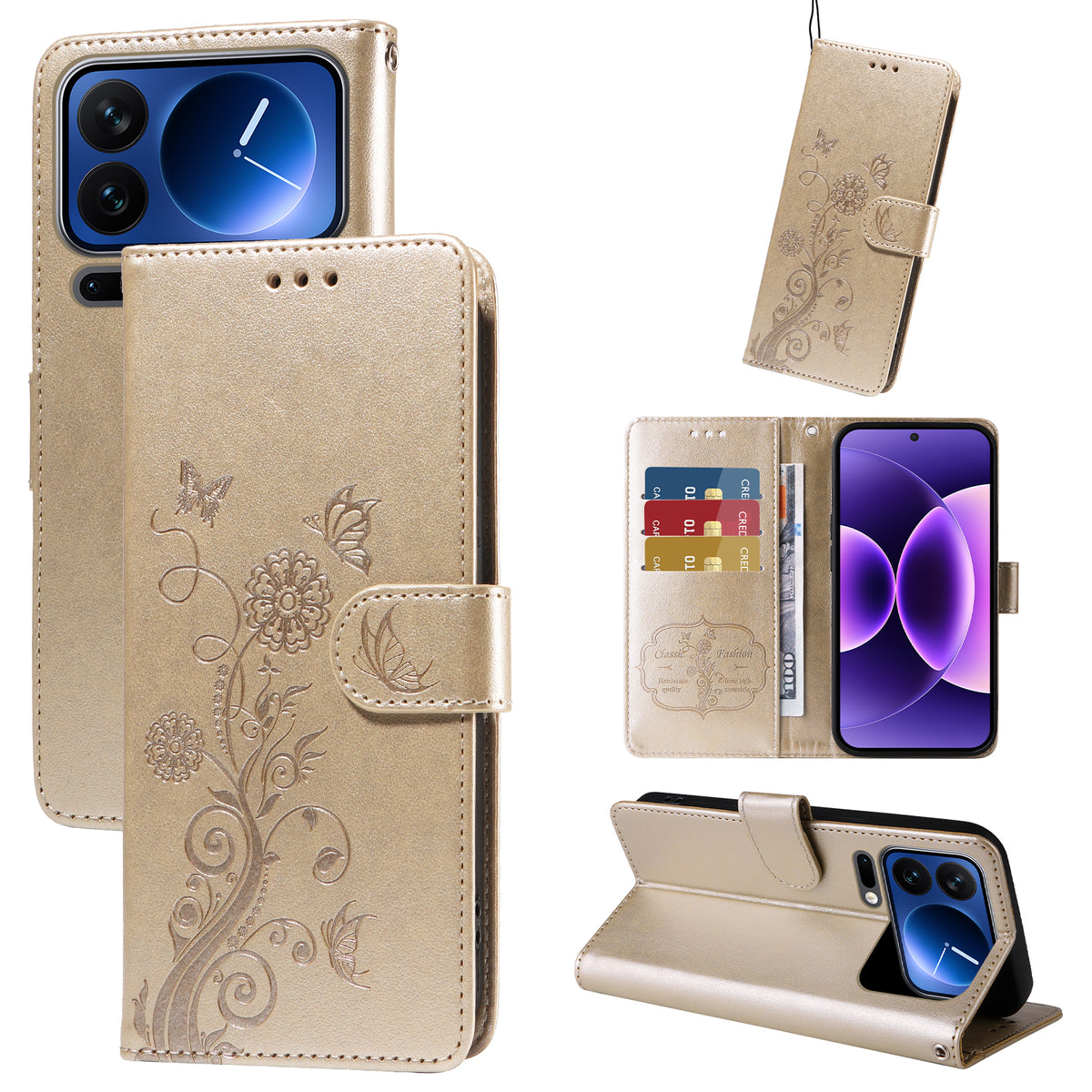 For Xiaomi 17 Pro Leather Case Butterfly Floral Imprint Wallet Stand Cover
