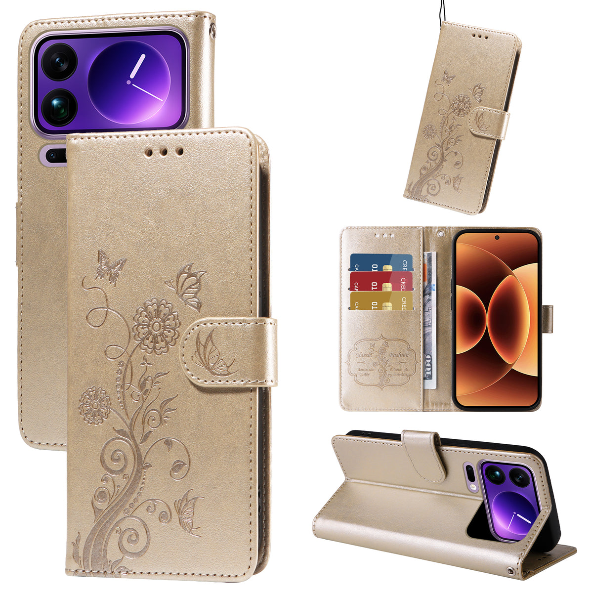 For Xiaomi 17 Pro Max Leather Case Butterfly Floral Imprint Wallet Stand Cover
