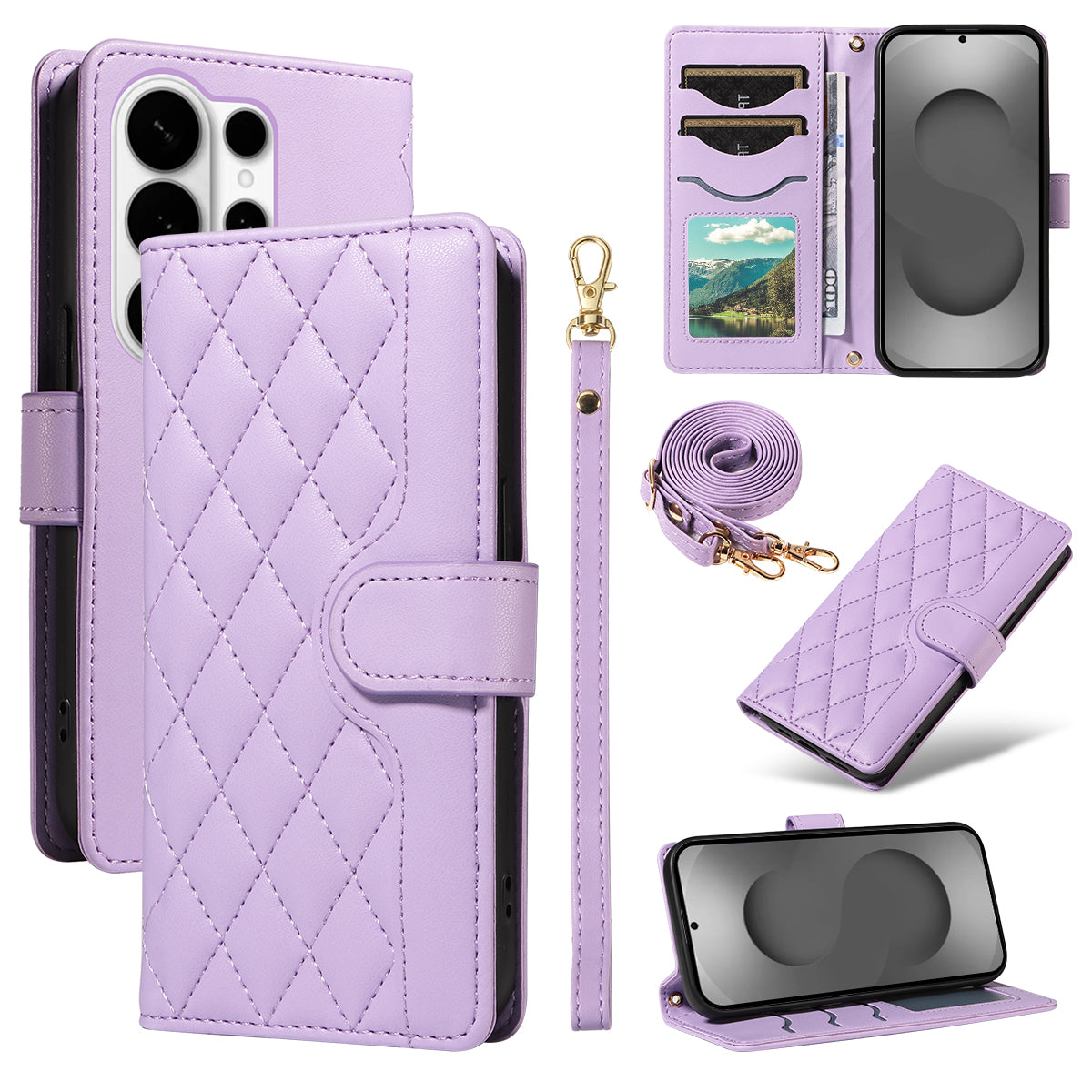 For Samsung Galaxy S26 Ultra Wallet Case Rhombus Leather Phone Cover with Strap