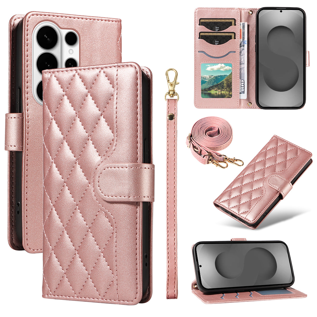 For Samsung Galaxy S26 Ultra Wallet Case Rhombus Leather Phone Cover with Strap