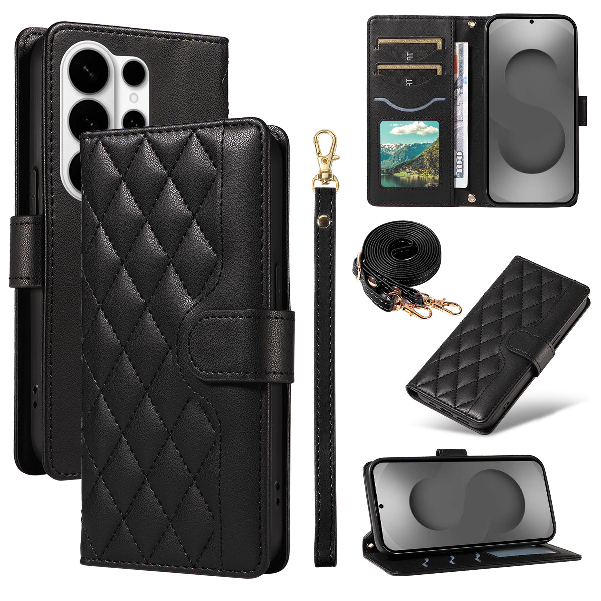 For Samsung Galaxy S26 Ultra Wallet Case Rhombus Leather Phone Cover with Strap