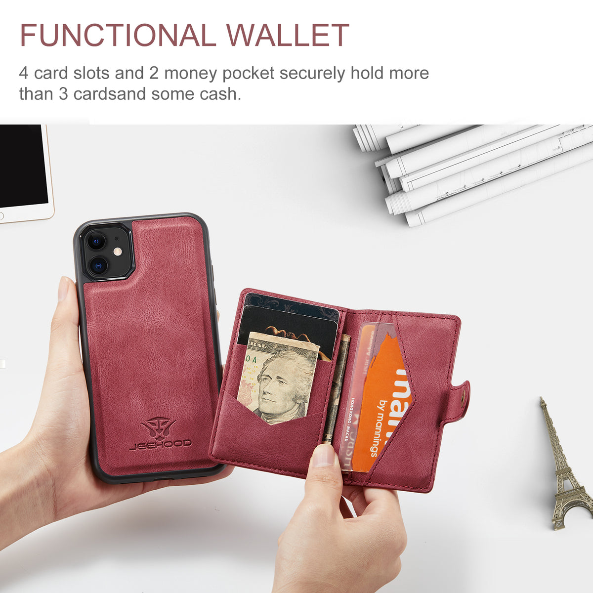 JEEHOOD For iPhone 11 Pro Max Case  J01 Retro Leather Phone Back Cover with Detachable Magnetic Card Holder