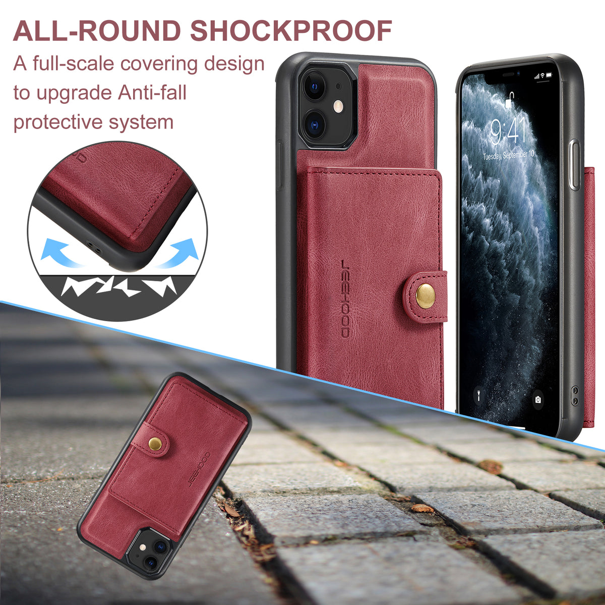 JEEHOOD For iPhone 11 Pro Max Case  J01 Retro Leather Phone Back Cover with Detachable Magnetic Card Holder