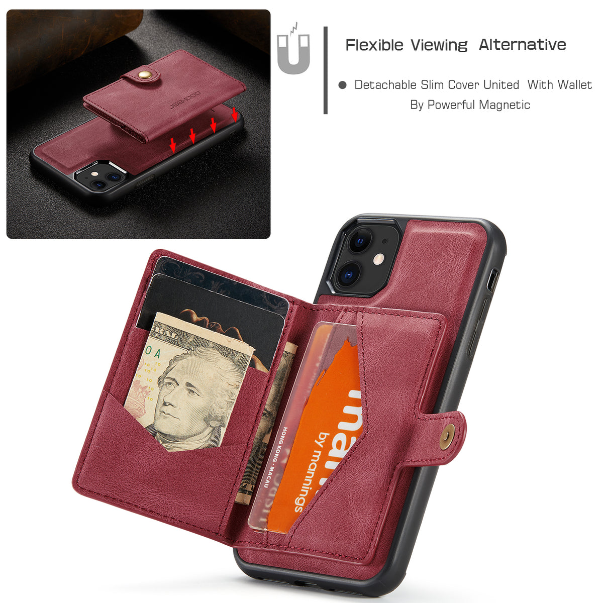 JEEHOOD For iPhone 11 Pro Max Case  J01 Retro Leather Phone Back Cover with Detachable Magnetic Card Holder