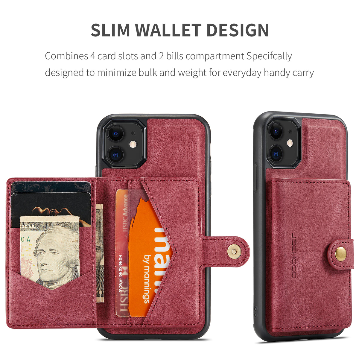 JEEHOOD For iPhone 11 Pro Max Case  J01 Retro Leather Phone Back Cover with Detachable Magnetic Card Holder