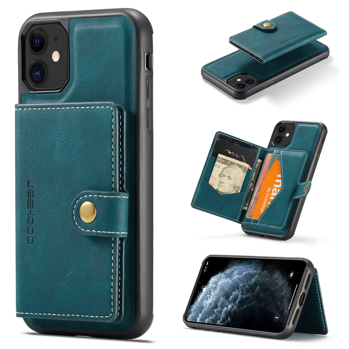JEEHOOD For iPhone 11 Pro Max Case  J01 Retro Leather Phone Back Cover with Detachable Magnetic Card Holder