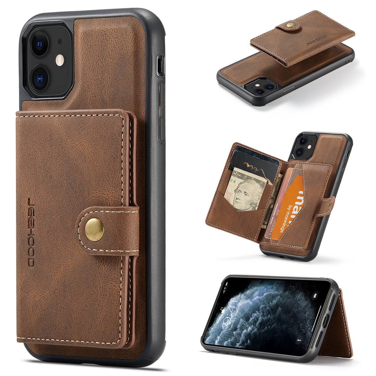 JEEHOOD For iPhone 11 Pro Max Case  J01 Retro Leather Phone Back Cover with Detachable Magnetic Card Holder