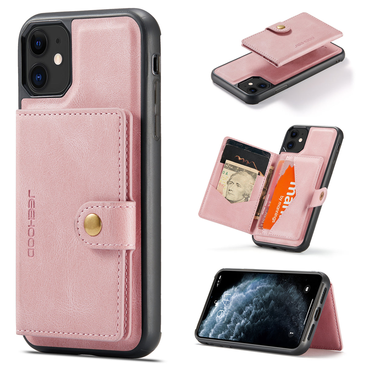 JEEHOOD For iPhone 11 Pro Max Case  J01 Retro Leather Phone Back Cover with Detachable Magnetic Card Holder