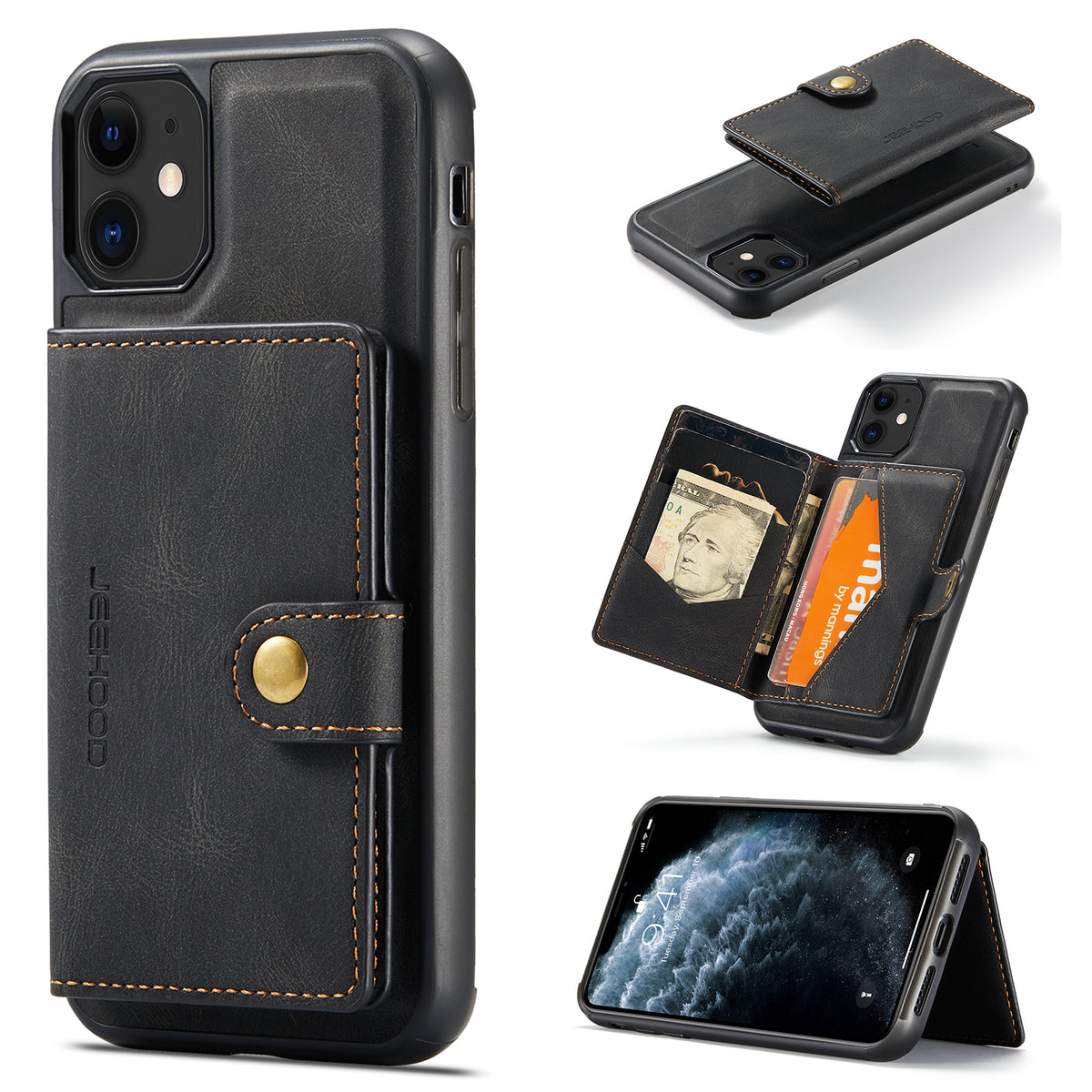 JEEHOOD For iPhone 11 Pro Case  J01 Retro Leather Phone Back Cover with Detachable Magnetic Card Holder