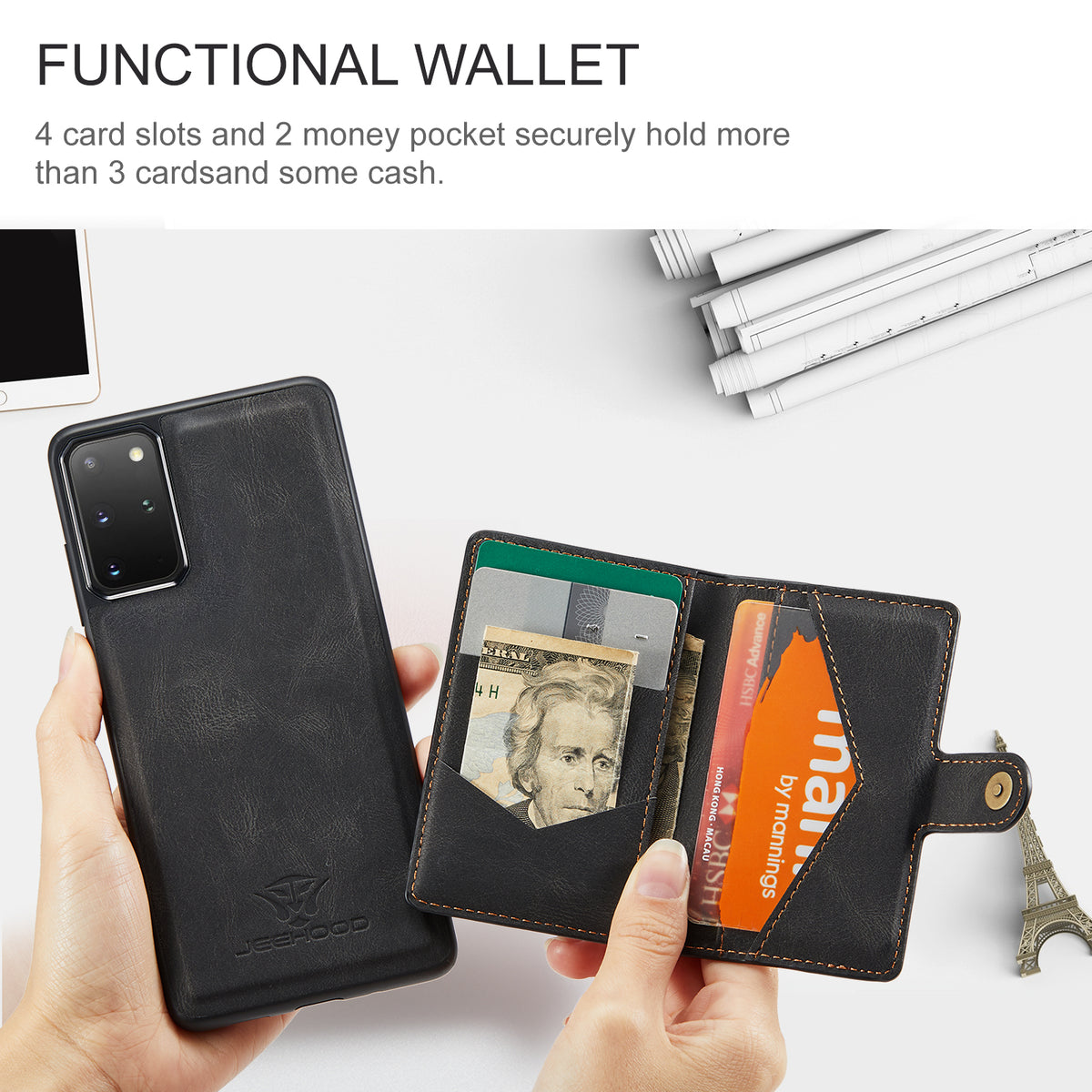 JEEHOOD För Samsung Galaxy S20 Plus 5G Skal J01 Retro Läder Baksida mobil Med Avtagbar Magnetisk Korthållare