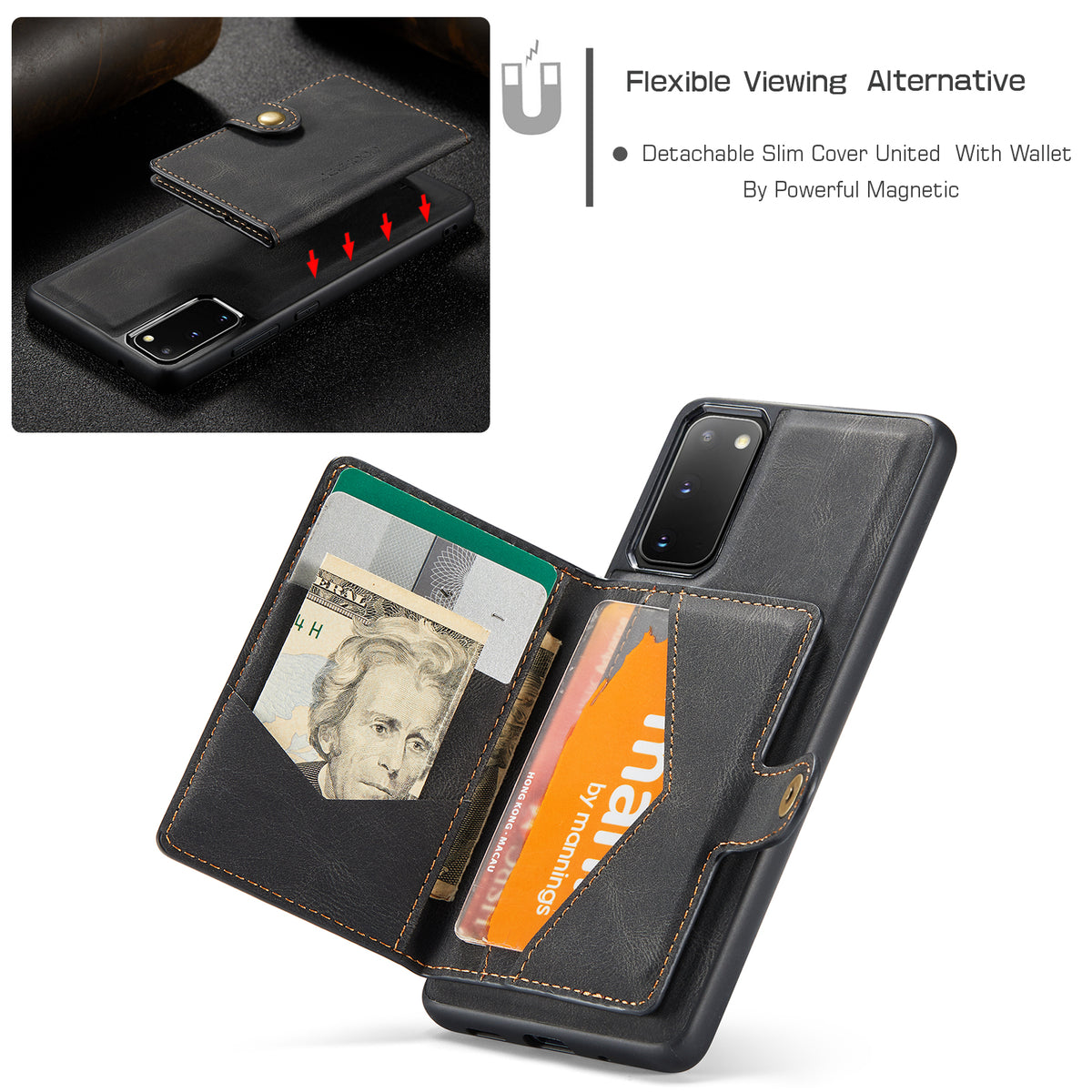 JEEHOOD cover J01 i retro-læder til Samsung Galaxy S20 5G, mobilcover med aftagelig magnetisk kortholder