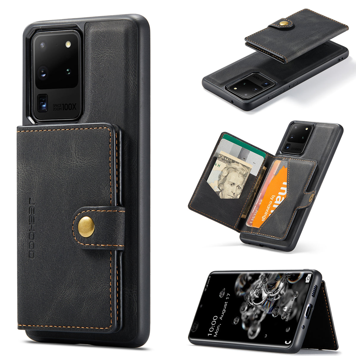 JEEHOOD För Samsung Galaxy S20 Ultra Skal J01 Retro Läder Baksida mobil med Avtagbar Magnetisk Korthållare
