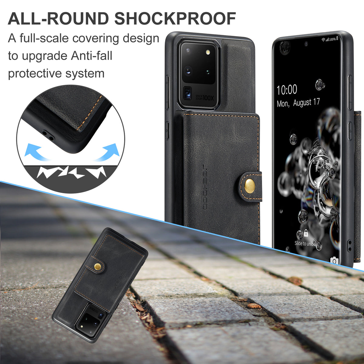 JEEHOOD För Samsung Galaxy S20 Ultra Skal J01 Retro Läder Baksida mobil Med Avtagbar Magnetisk Korthållare