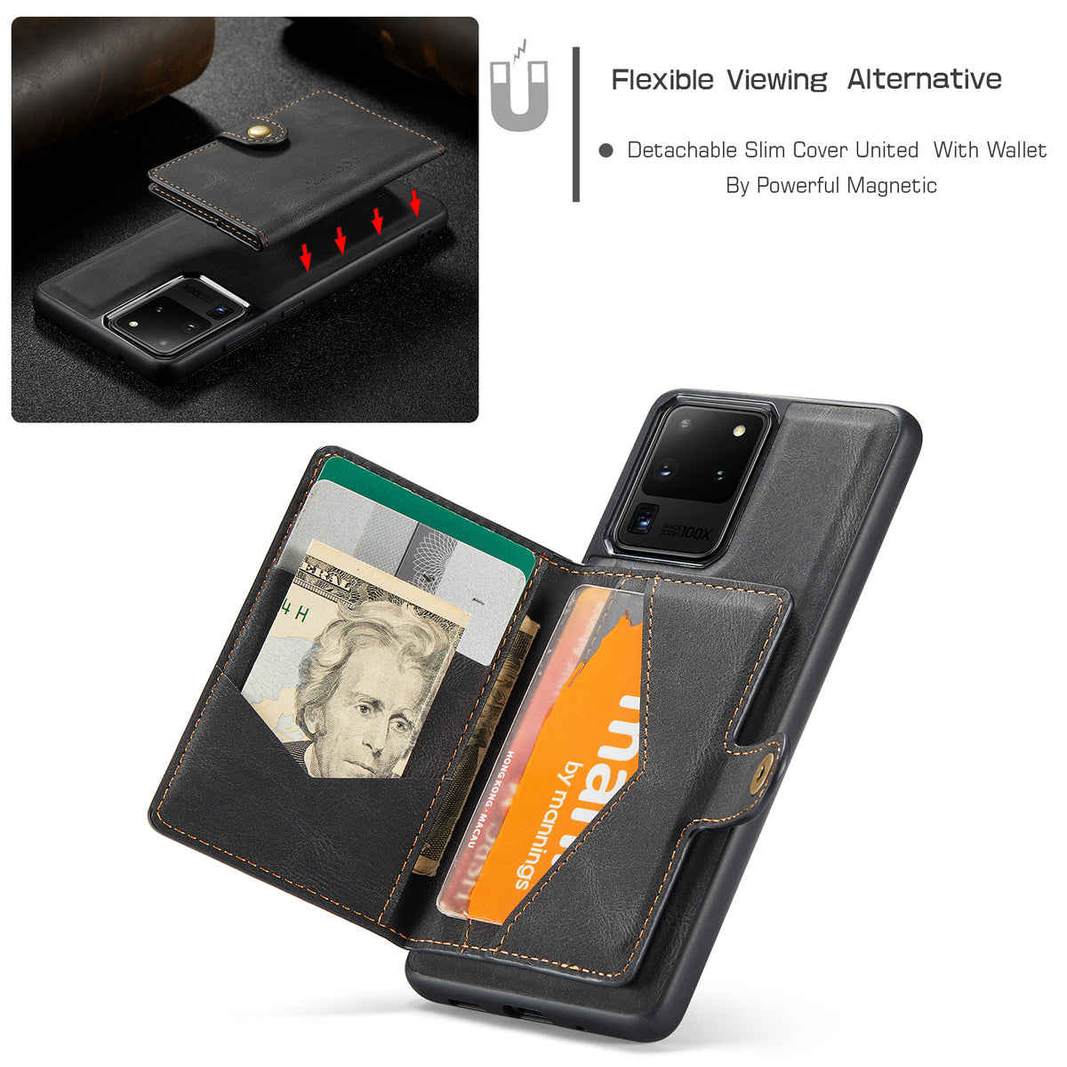 JEEHOOD För Samsung Galaxy S20 Ultra Skal J01 Retro Läder Baksida mobil Med Avtagbar Magnetisk Korthållare