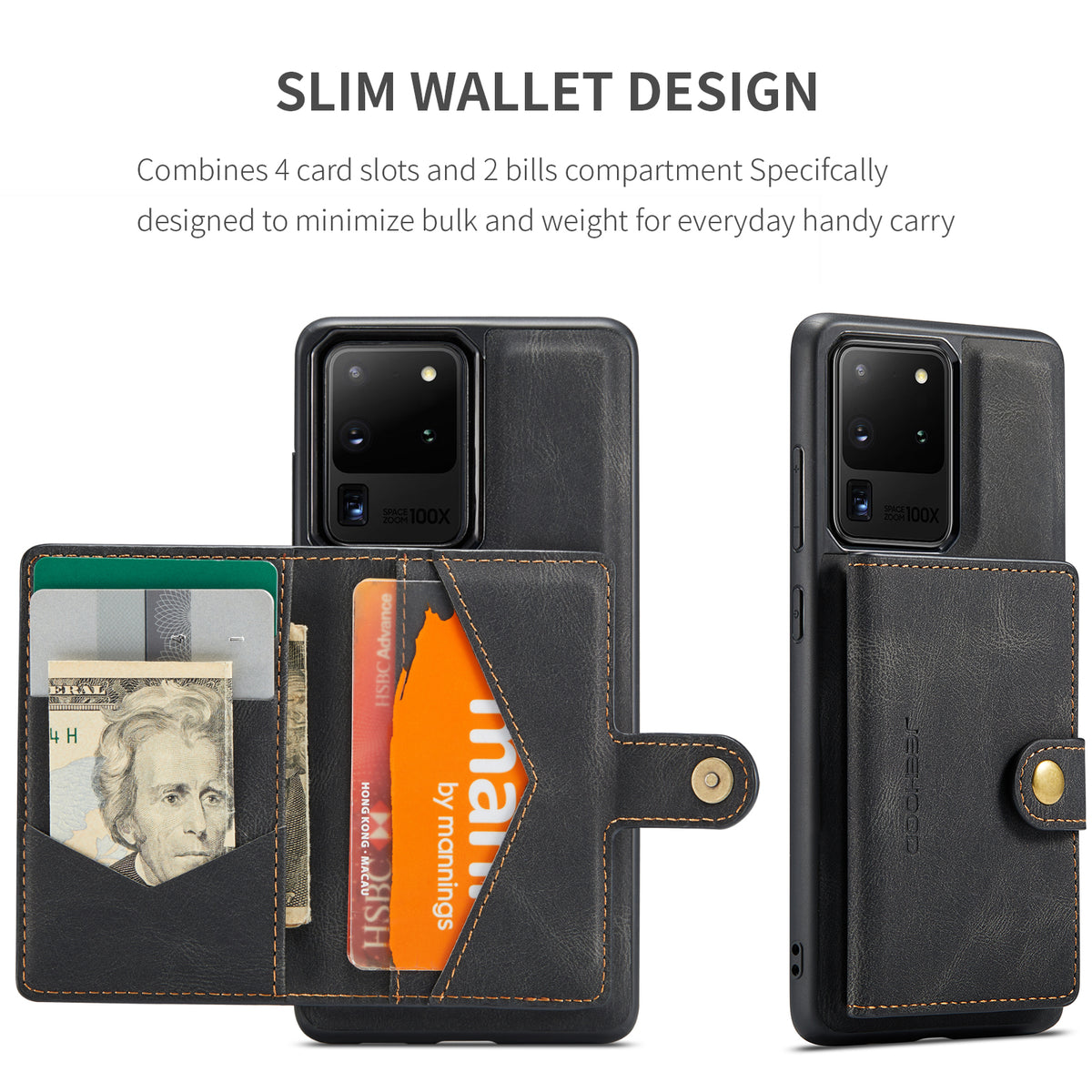 JEEHOOD För Samsung Galaxy S20 Ultra Skal J01 Retro Läder Baksida mobil med Avtagbar Magnetisk Korthållare