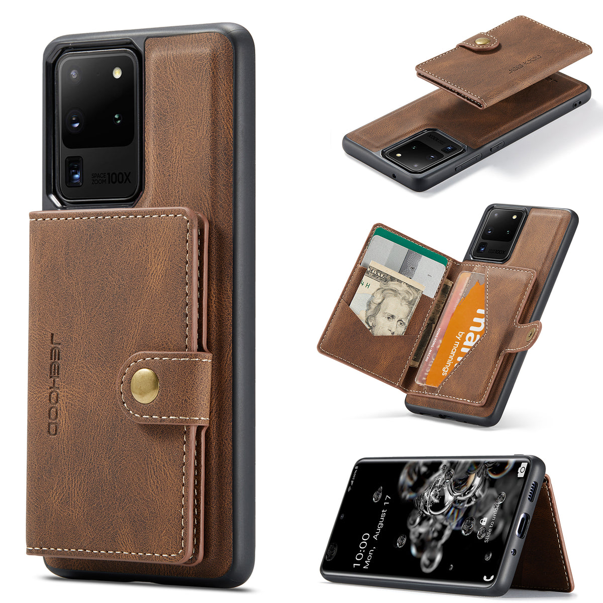 JEEHOOD För Samsung Galaxy S20 Ultra Skal J01 Retro Läder Baksida mobil med Avtagbar Magnetisk Korthållare
