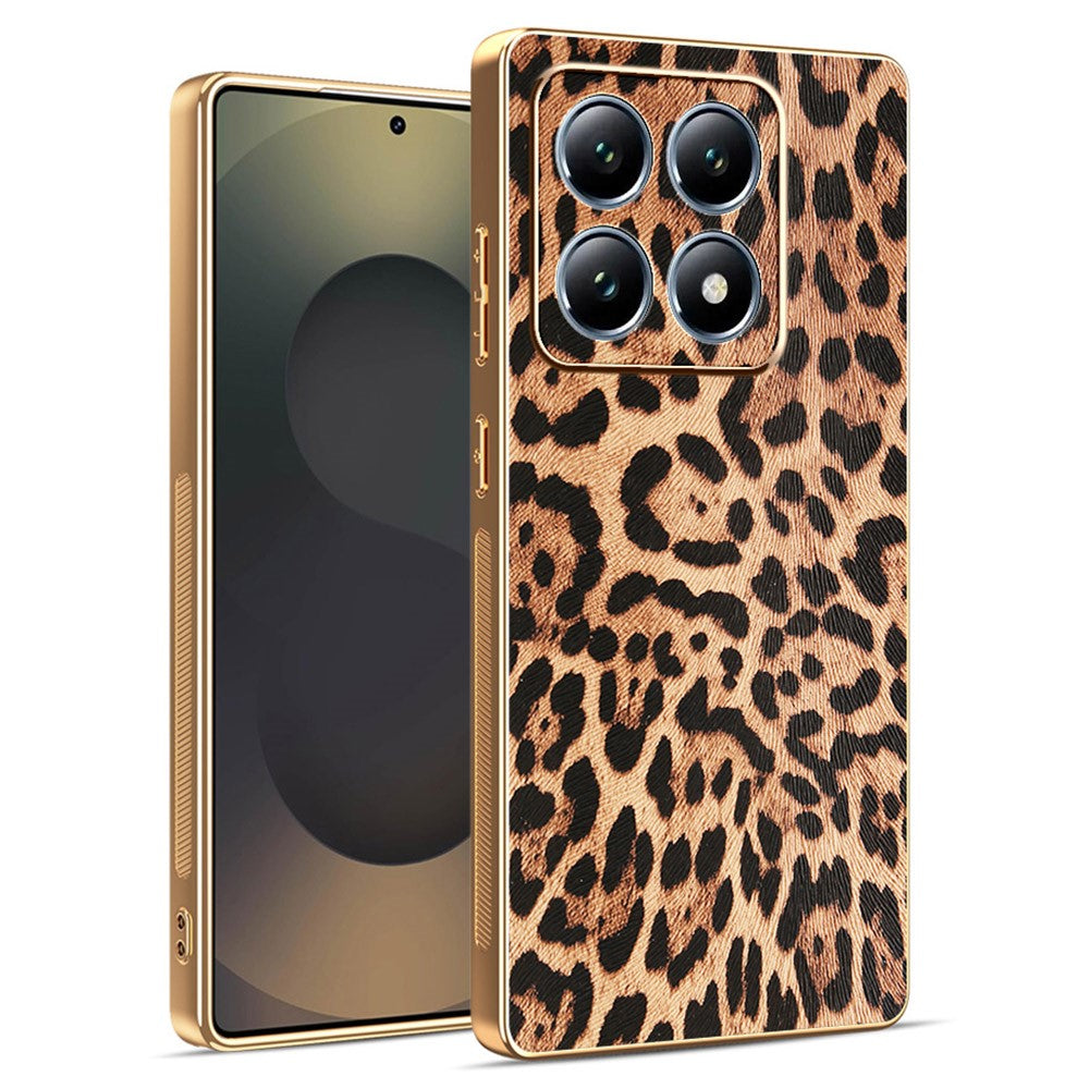 For Xiaomi 15T Case Leopard Print PU Leather Coated PC + TPU Electroplating Phone Cover