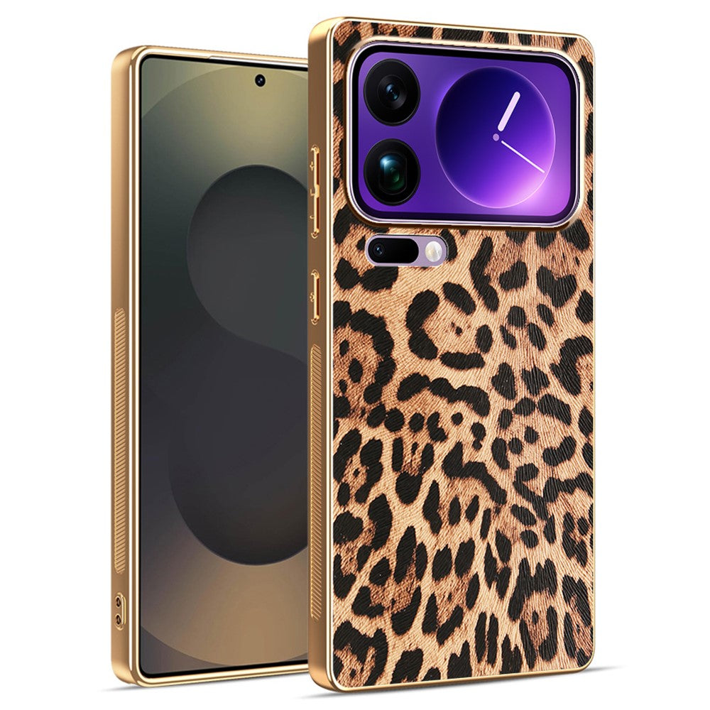 Xiaomi 17 Pro Max-skal Leopardtryck PU-läderbelagd PC + TPU Galvaniserad mobilskal