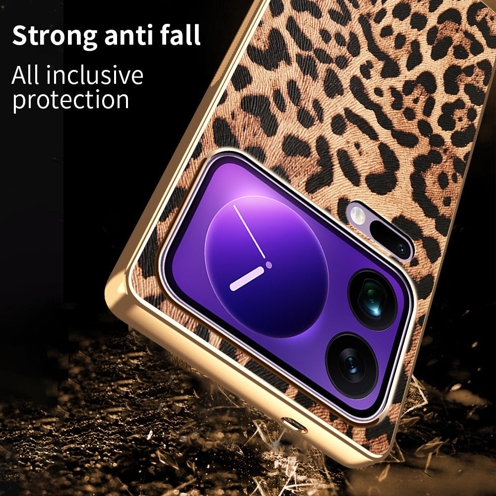 Xiaomi 17 Pro Max-skal Leopardtryck PU-läderbelagd PC + TPU Galvaniserad mobilskal