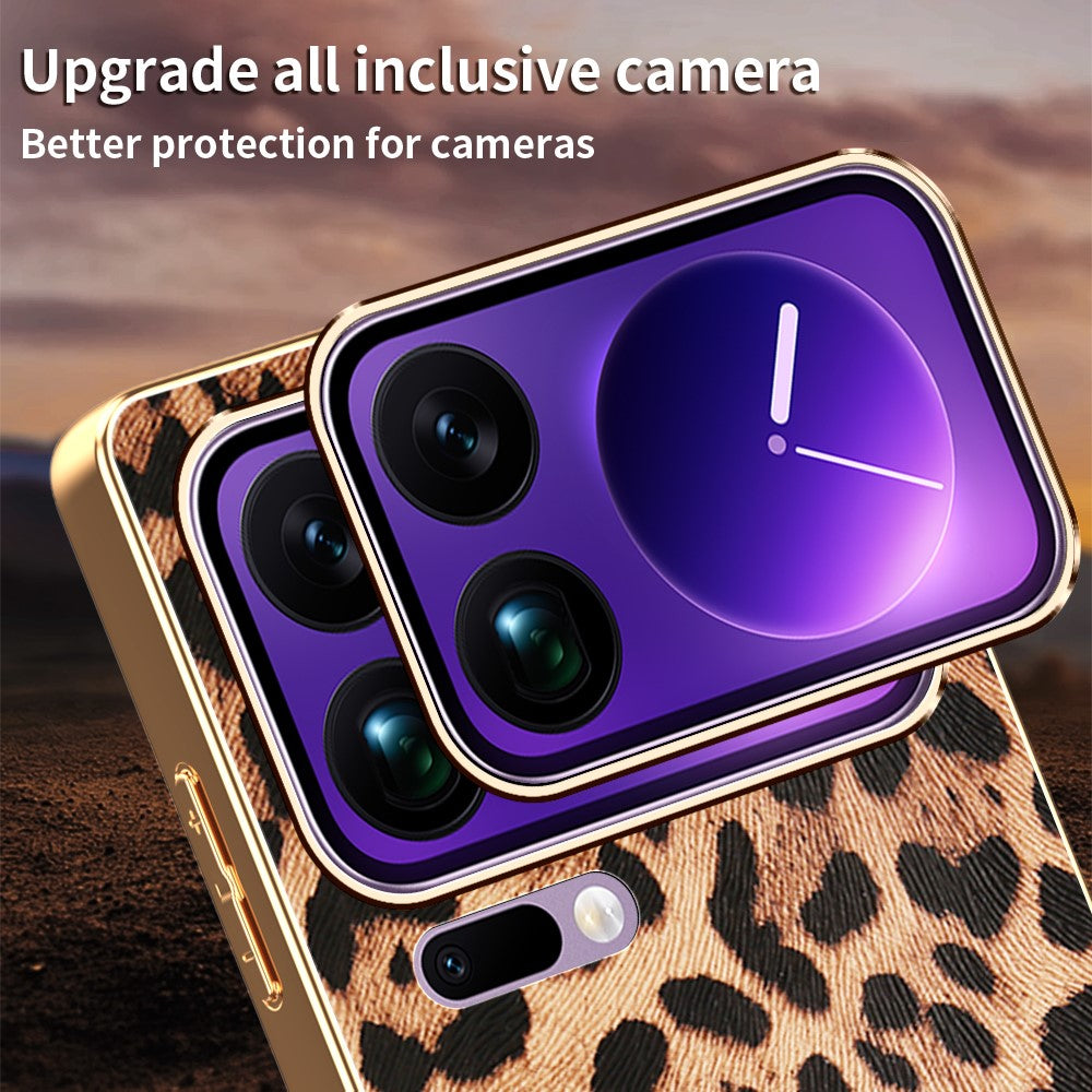 Xiaomi 17 Pro Max-skal Leopardtryck PU-läderbelagd PC + TPU Galvaniserad mobilskal