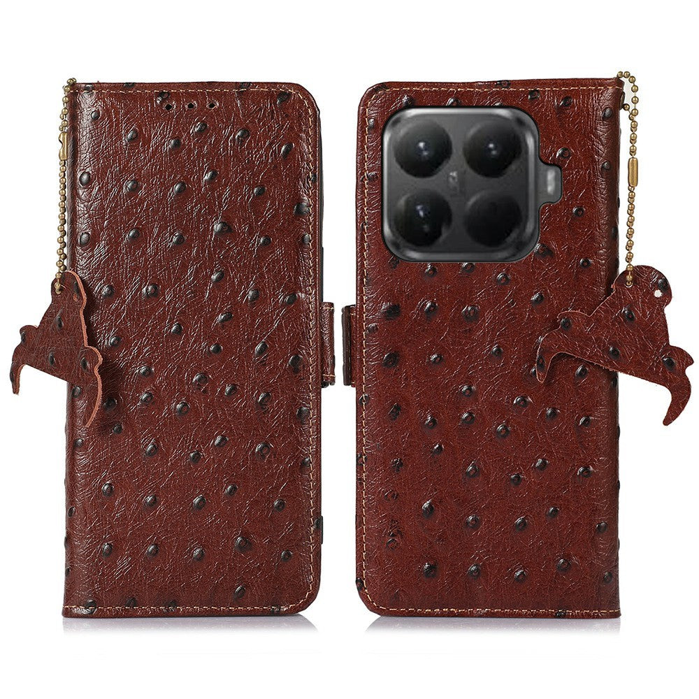 For Xiaomi 15T Pro Case RFID Blocking Genuine Cow Leather Phone Case Ostrich Texture