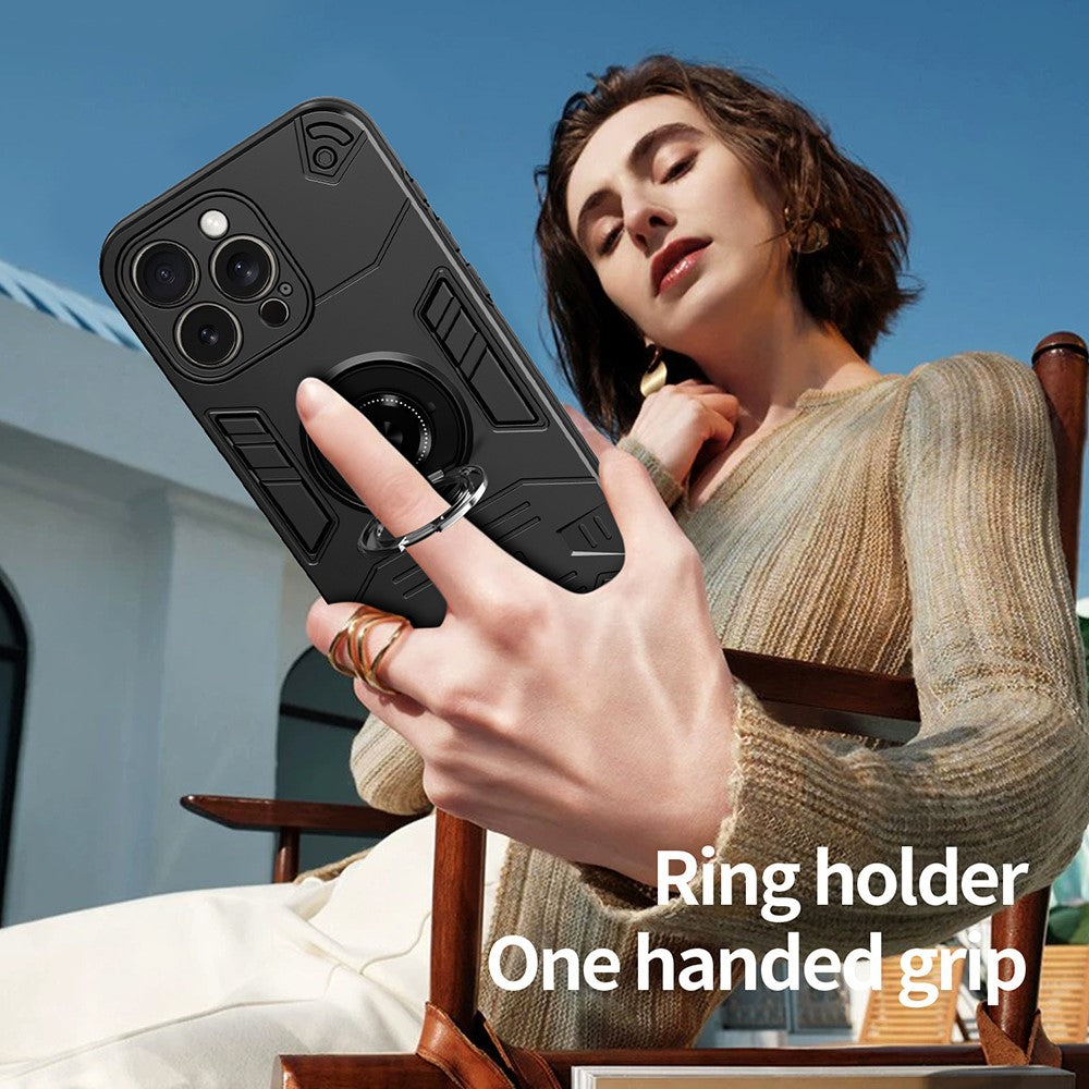 For iPhone 15 Pro Max Case with Ring Holder Kickstand PC + TPU Anti-Fall Phone Cover