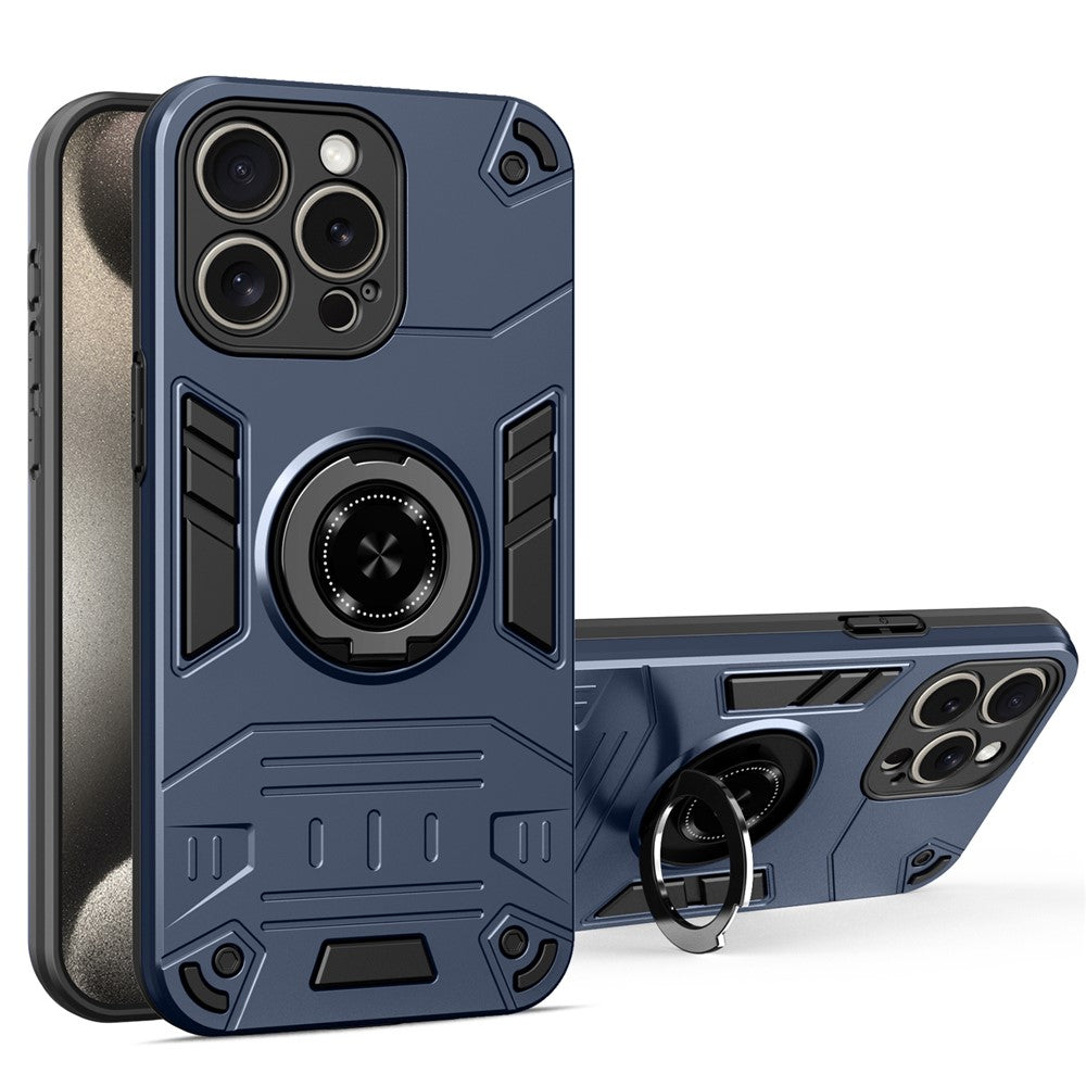 For iPhone 15 Pro Max Case with Ring Holder Kickstand PC + TPU Anti-Fall Phone Cover