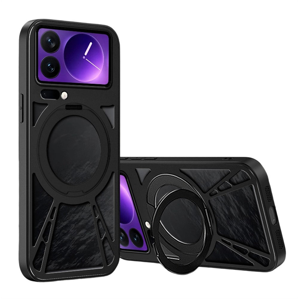 For Xiaomi 17 Pro Max Case Magnetic Kickstand Hollow Heat Dissipation Silicone + PC + Metal Bumper Phone Cover