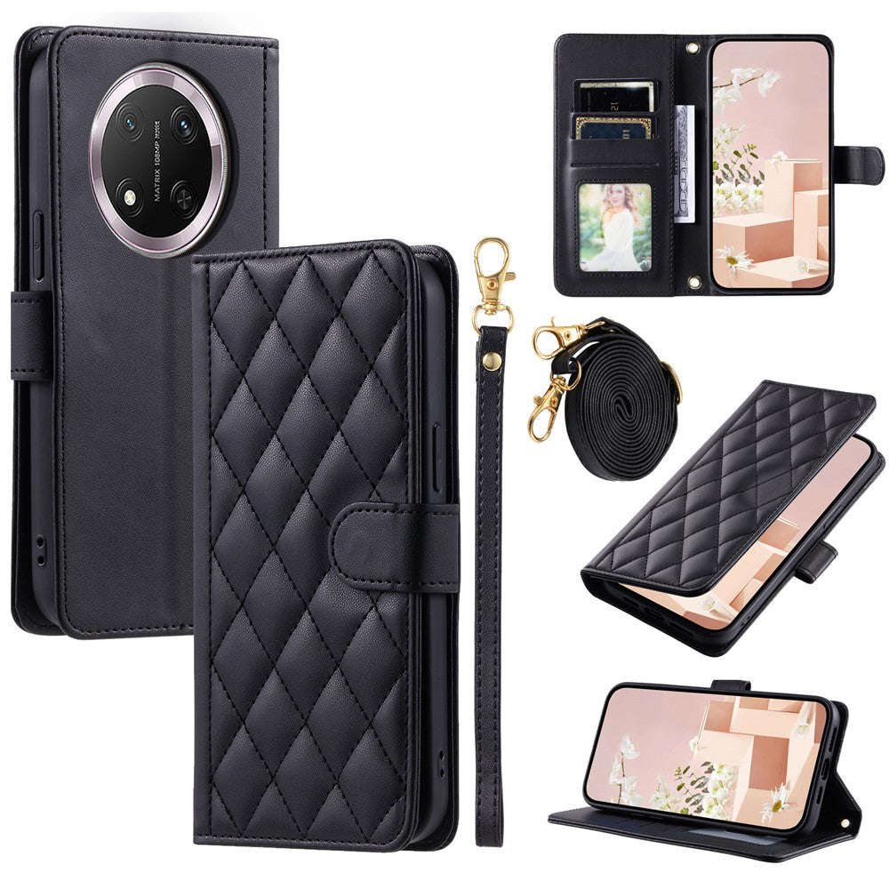 PU Leather Case for Honor X9c 5G / Magic7 Lite 5G / X60 Pro 5G Wallet Rhombus Grid Phone Cover with Shoulder Strap / Wrist Strap