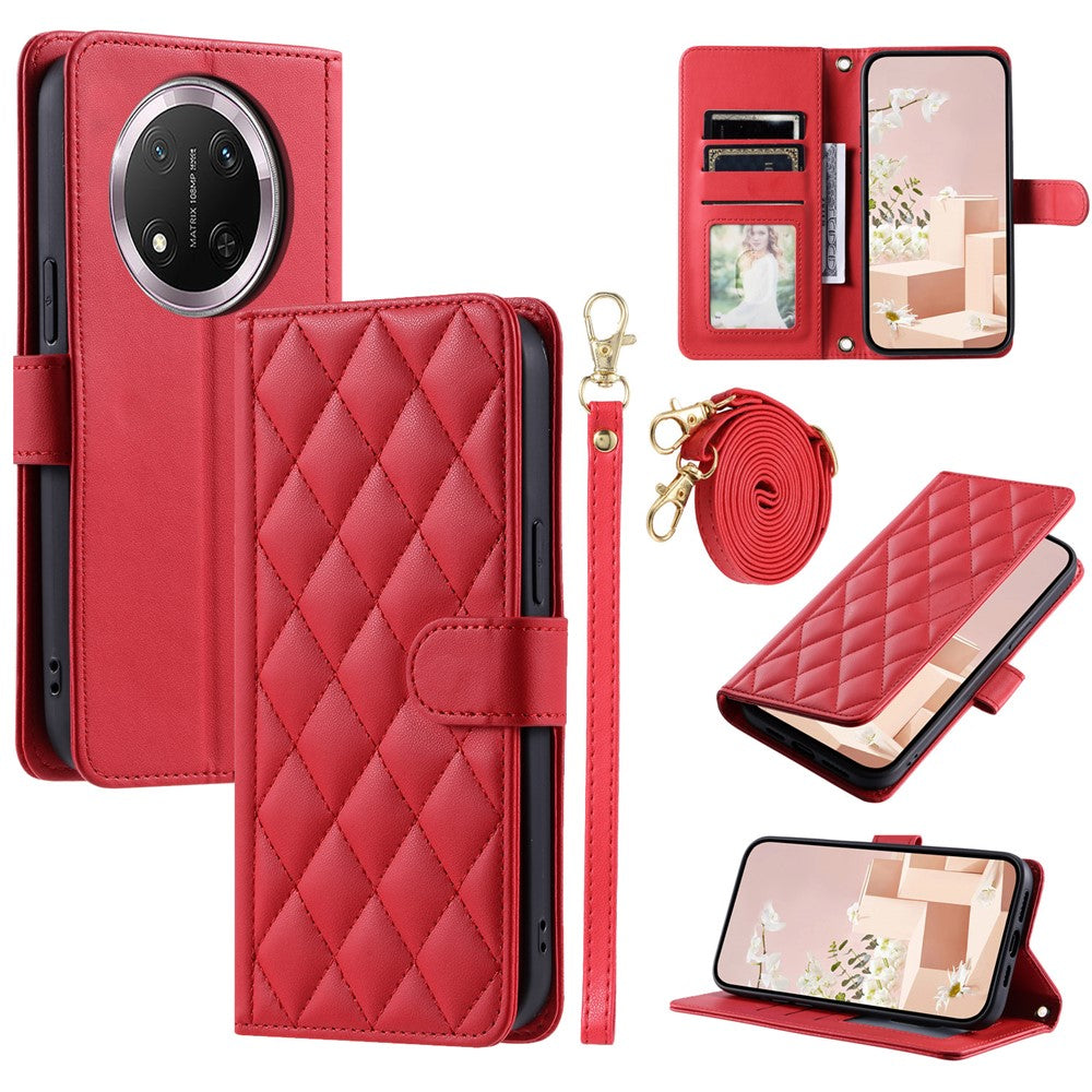 PU Leather Case for Honor X9c 5G / Magic7 Lite 5G / X60 Pro 5G Wallet Rhombus Grid Phone Cover with Shoulder Strap / Wrist Strap