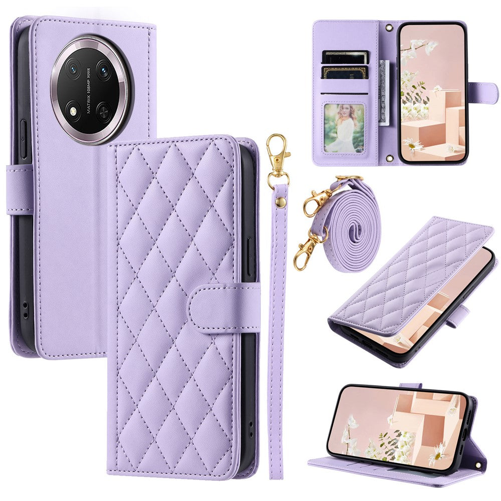 PU Leather Case for Honor X9c 5G / Magic7 Lite 5G / X60 Pro 5G Wallet Rhombus Grid Phone Cover with Shoulder Strap / Wrist Strap