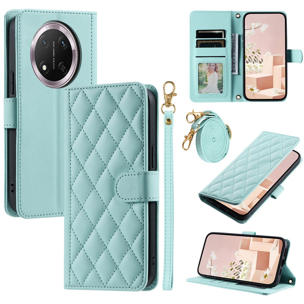 PU Leather Case for Honor X9c 5G / Magic7 Lite 5G / X60 Pro 5G Wallet Rhombus Grid Phone Cover with Shoulder Strap / Wrist Strap