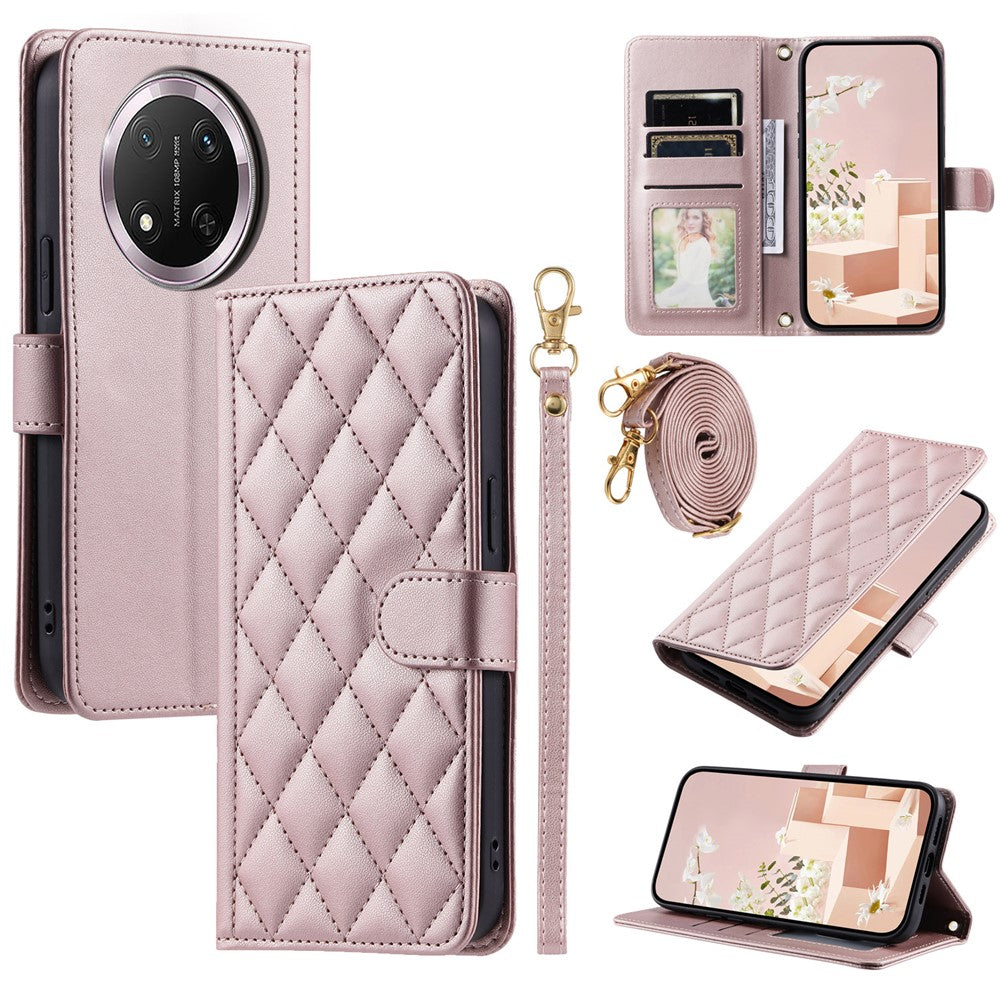 PU Leather Case for Honor X9c 5G / Magic7 Lite 5G / X60 Pro 5G Wallet Rhombus Grid Phone Cover with Shoulder Strap / Wrist Strap