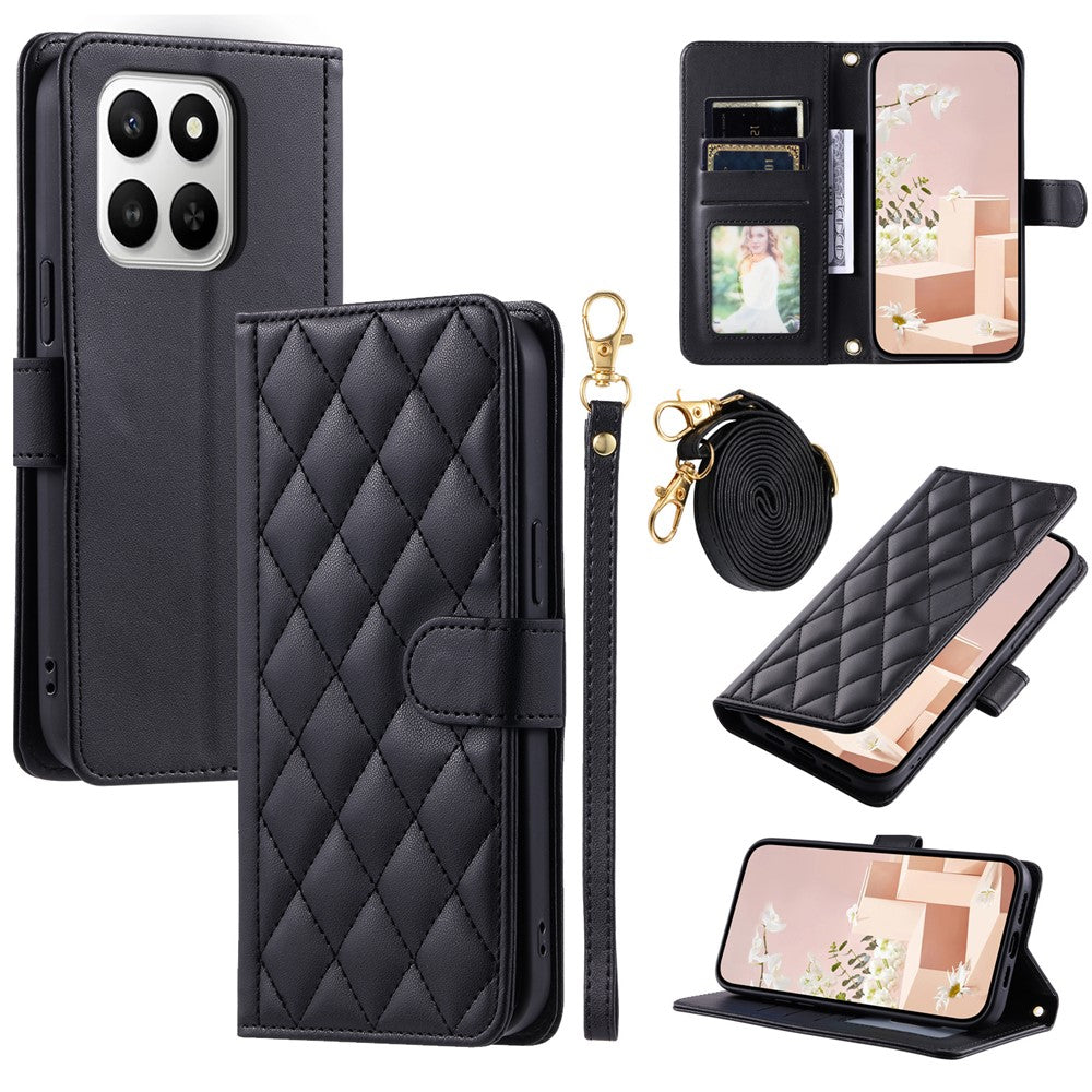 PU Leather Case for Honor 400 Smart 5G / 4G / X7d 5G / 4G Wallet Rhombus Grid Phone Cover with Shoulder Strap / Wrist Strap