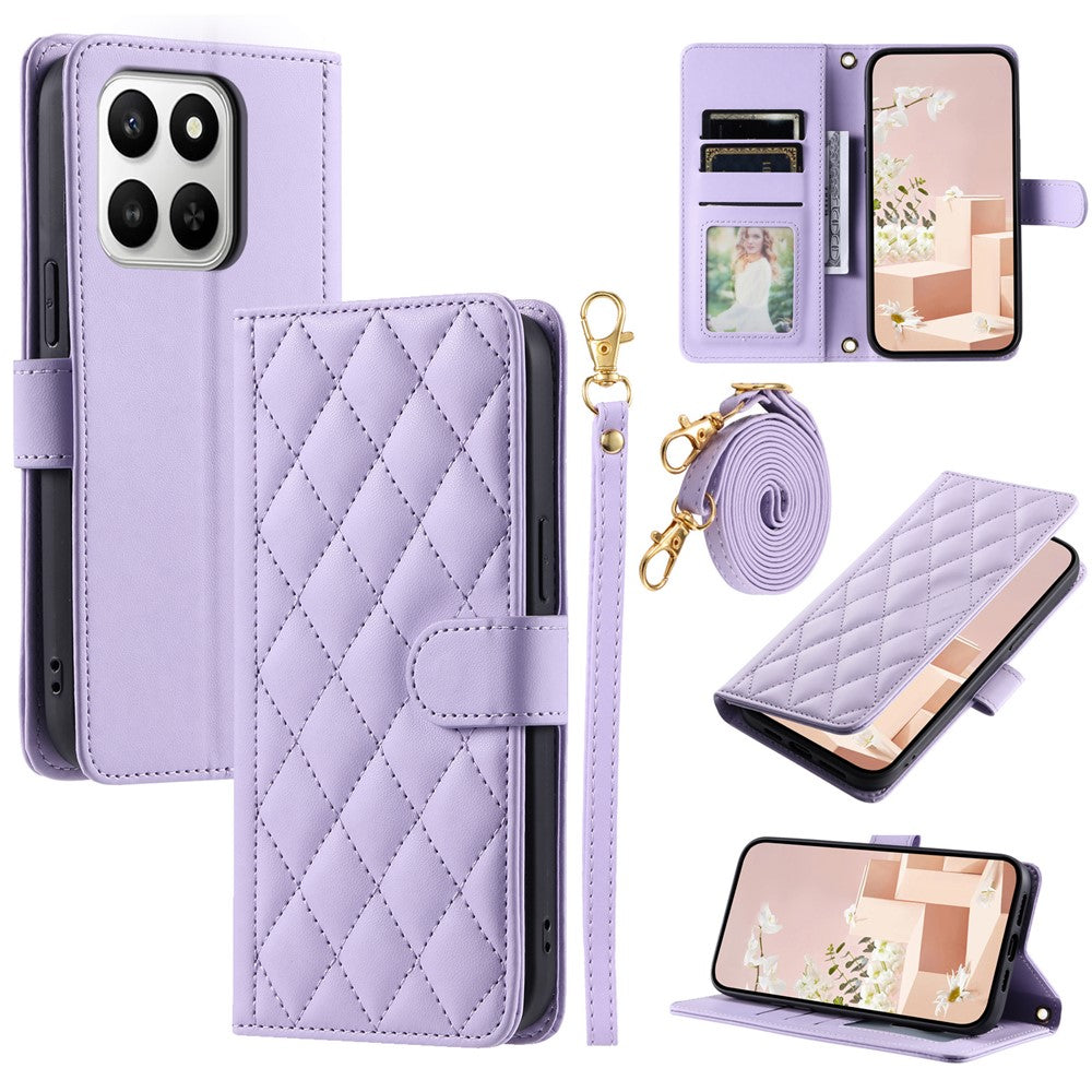 PU Leather Case for Honor 400 Smart 5G / 4G / X7d 5G / 4G Wallet Rhombus Grid Phone Cover with Shoulder Strap / Wrist Strap