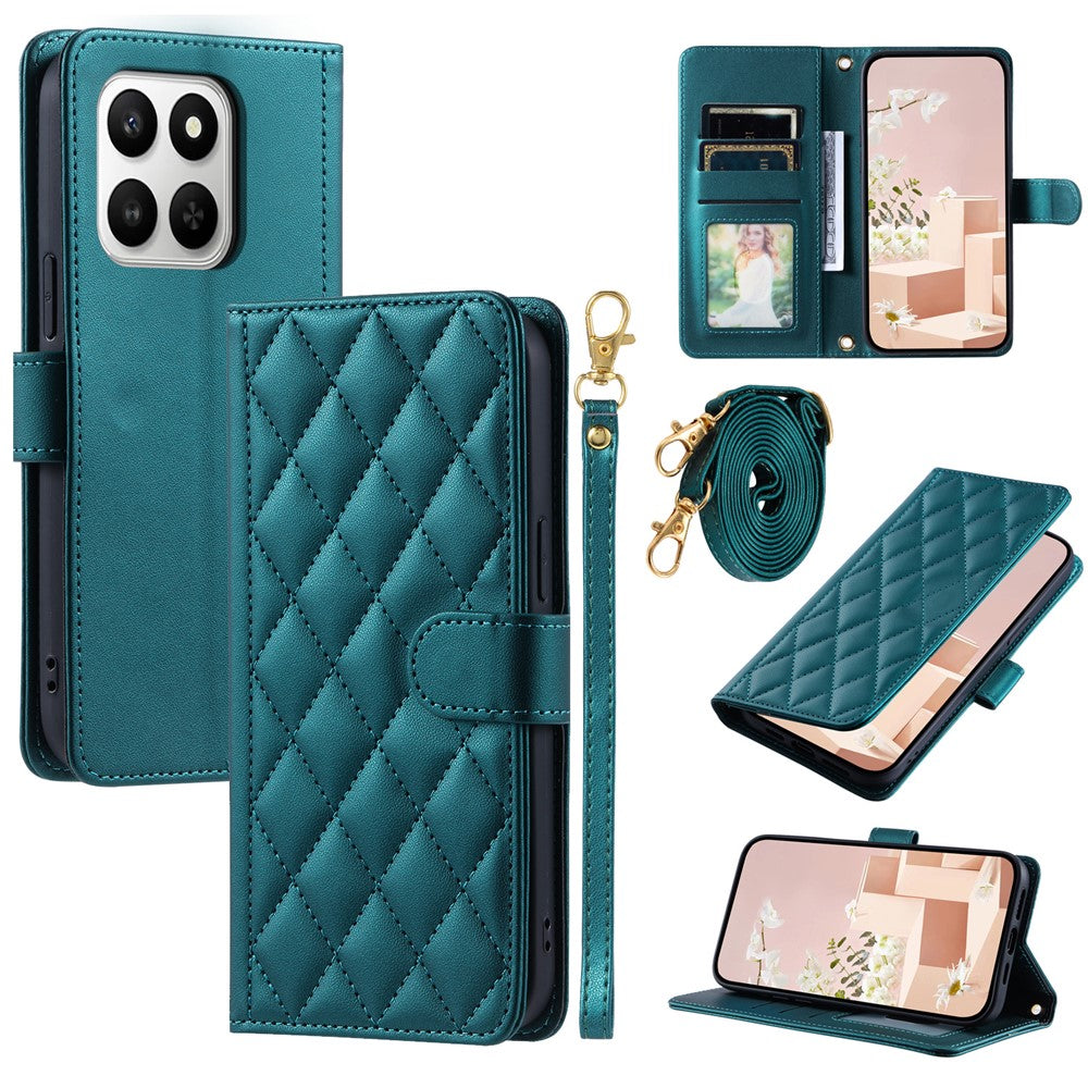 PU Leather Case for Honor 400 Smart 5G / 4G / X7d 5G / 4G Wallet Rhombus Grid Phone Cover with Shoulder Strap / Wrist Strap