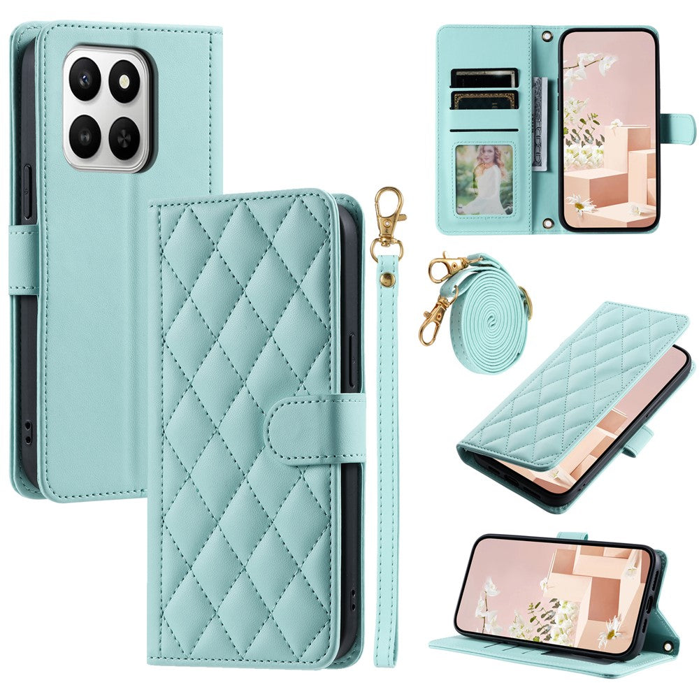 PU Leather Case for Honor 400 Smart 5G / 4G / X7d 5G / 4G Wallet Rhombus Grid Phone Cover with Shoulder Strap / Wrist Strap