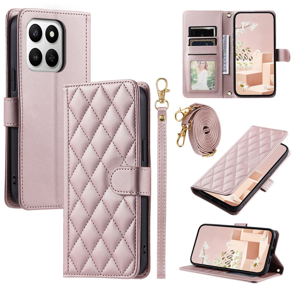 PU Leather Case for Honor 400 Smart 5G / 4G / X7d 5G / 4G Wallet Rhombus Grid Phone Cover with Shoulder Strap / Wrist Strap