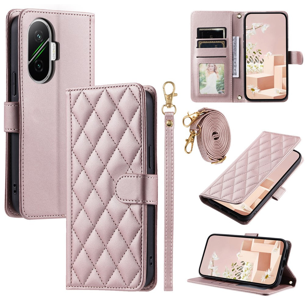 For Xiaomi Poco F7 5G / Redmi Turbo 4 Pro 5G Case Wallet Rhombus Grid PU Leather Phone Cover with Shoulder Strap / Wrist Strap
