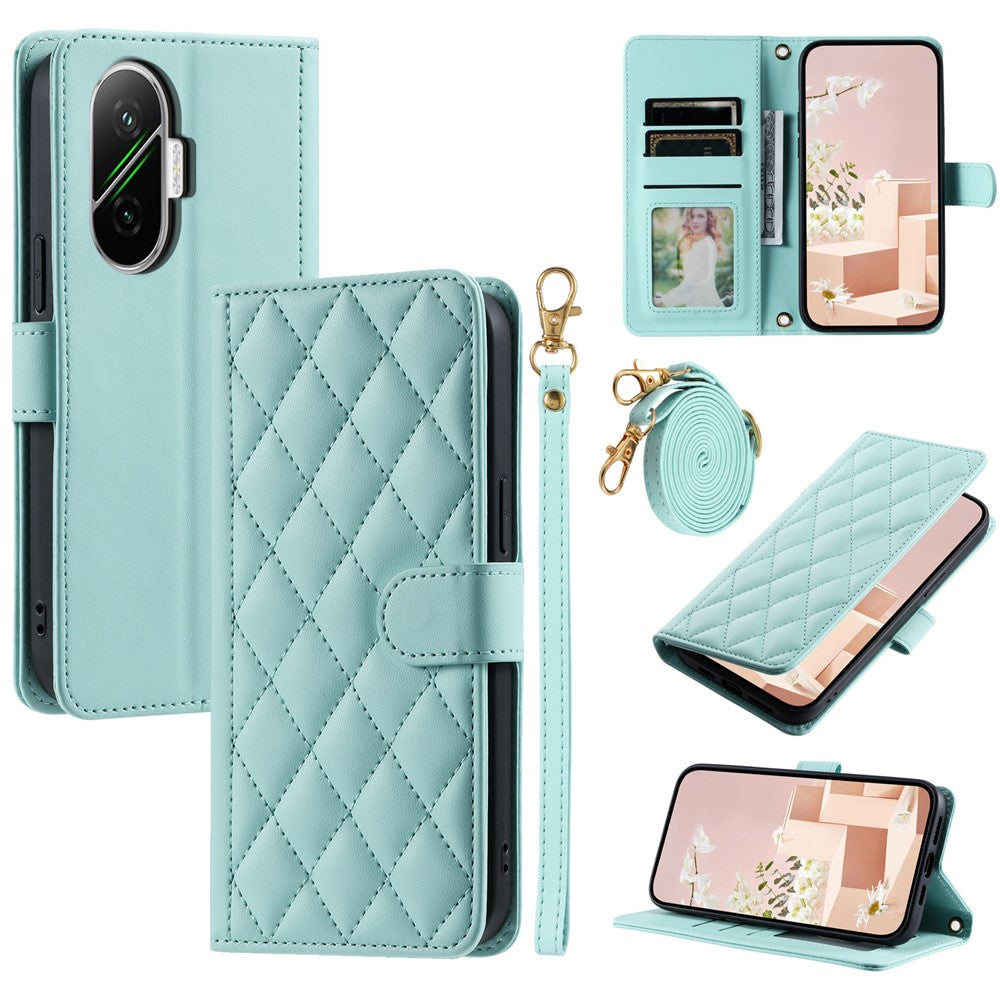 For Xiaomi Poco F7 5G / Redmi Turbo 4 Pro 5G Case Wallet Rhombus Grid PU Leather Phone Cover with Shoulder Strap / Wrist Strap