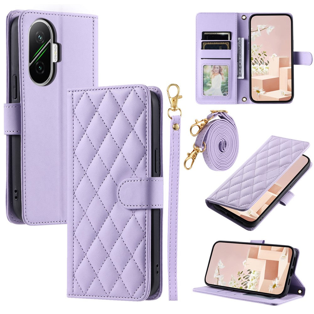 For Xiaomi Poco F7 5G / Redmi Turbo 4 Pro 5G Case Wallet Rhombus Grid PU Leather Phone Cover with Shoulder Strap / Wrist Strap